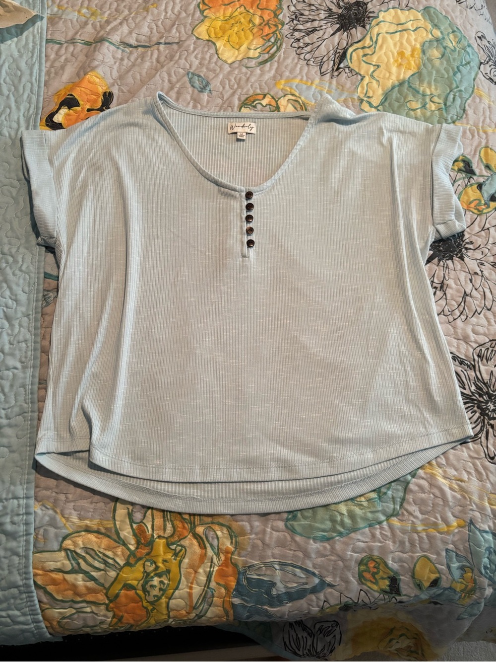 Wonderly Light Blue Ribbed Henley Short Sleeve Top